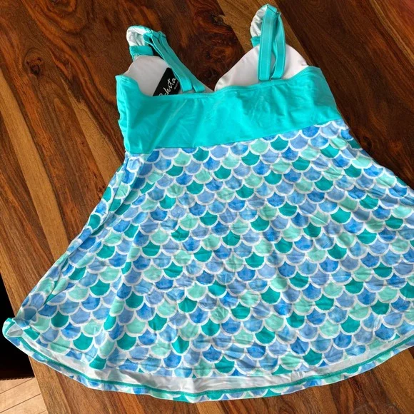 NWT Rekita Teal Blue Mermaid Scale Tankini Swimsuit Dress Plus Size XXL - Picture 3 of 6